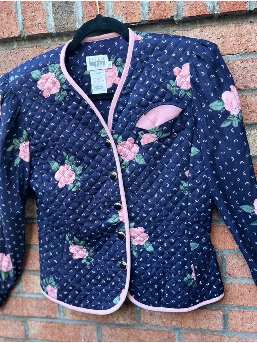 Vintage 1980’s Leslie Fay Navy Quilted Floral Blazer with Pink Trim Size 8